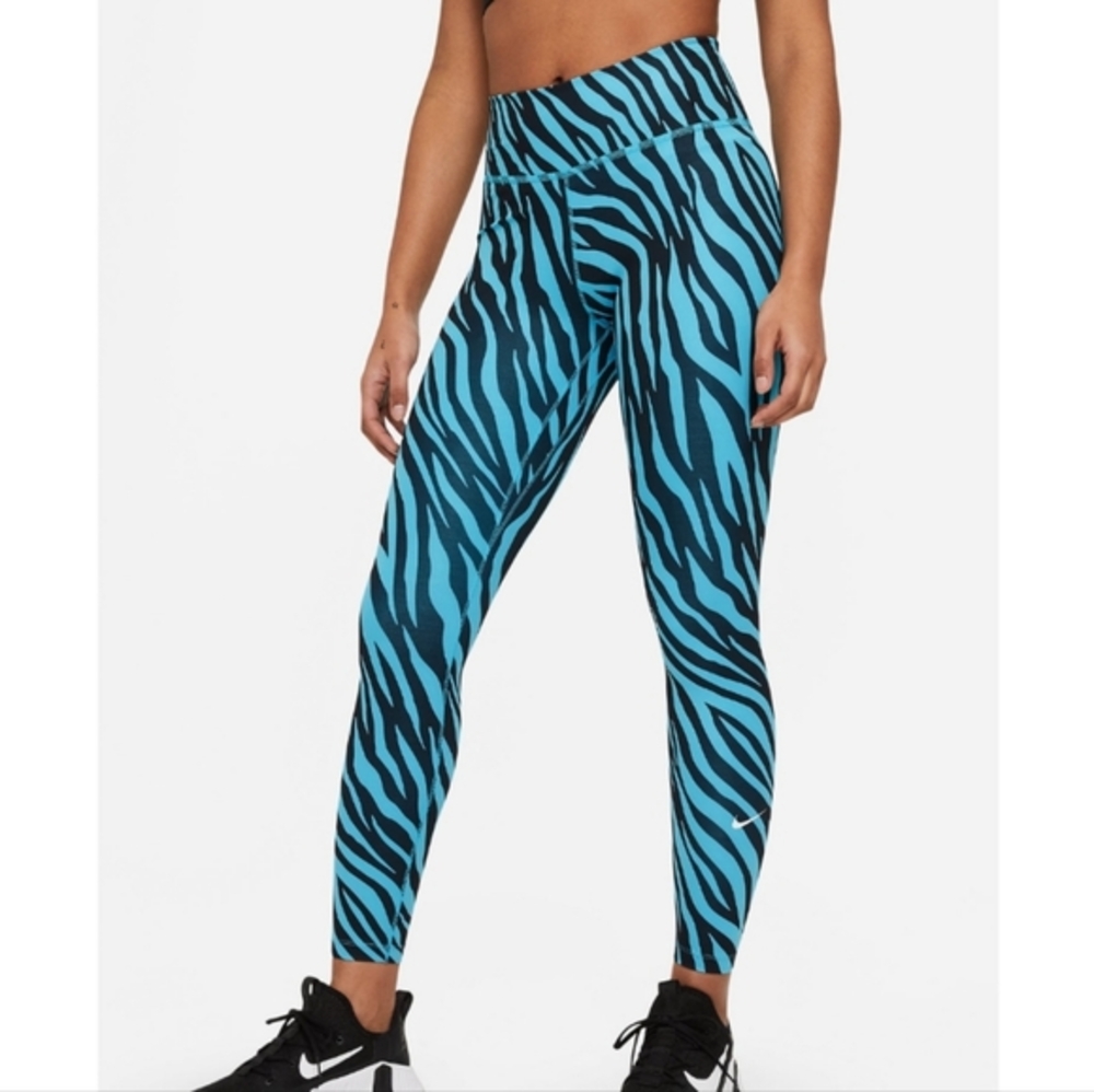 Nike Womens High Rise Zebra Print Leggings Teal Black Athletic Tights plus Sz 1X